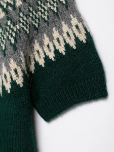 Close-up of Fair Isle geometric knit pattern on dark green jacquard knit sweater
