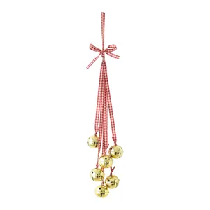 Christmas plaid ribbon door hanger with golden metal jingle bells and star cutouts
