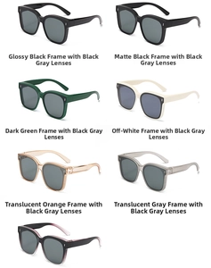 Matrix display of colorful square polarized sunglasses with metallic stud details