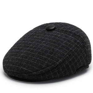 Classic dark grey plaid flat cap for men with warm wool blend texture and ear flaps