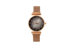 Detailed view of rose gold mesh strap watch with gradient floral dial and numerals
