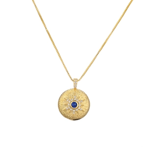 Collier minimaliste en or avec pendentif soleil et pierre de zircone bleue au centre
