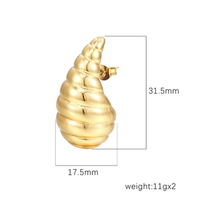 18K gold plated spiral waterdrop earrings in stainless steel, size 31.5mm by 17.5mm