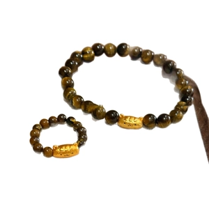 Tiger eye beaded jewelry set with 18K gold-plated cat head charms for daily wear