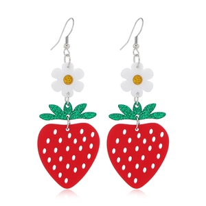 Cute strawberry acrylic earrings with white flowers and sparkling green leaves for women