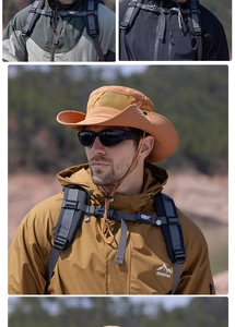 Détail du tissu en maille respirant et du cordon coupe-vent sur le chapeau de soleil