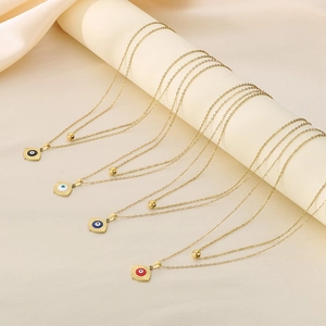 Double Layer Necklace Stainless Steel Evil Eye Pendant Enamel Round Bead Gold Plated INS Style Beach Jewelry For Women