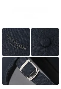 Détail de casquette bleu marine avec texture du tissu, logo embossé et boucle en métal réglable