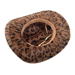 Detail of leopard print western cowboy hat with interior sweatband and adjustment string