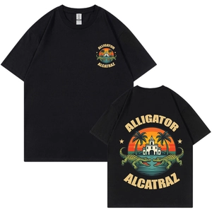 Men Cotton Short Sleeve T-Shirt Vintage Alligator Alcatraz Graphic Print Retro Crew Neck Casual Loose Streetwear Tee