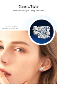 Close-up of S925 sterling silver earrings with classic 6-prong round moissanite studs