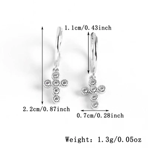 Detailed dimensions of 925 sterling silver hoop earrings with zircon cross pendant