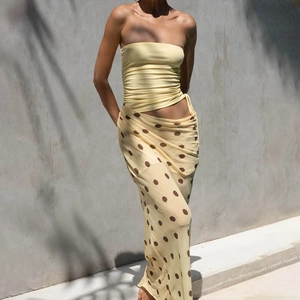 Robe Maxi Bustier Pour Femmes Satin De Lait Mousseline Patchwork À Pois Coupe Ajustée Sexy Été Plage Taille Haute Élégante