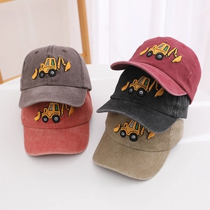 Washed cotton kids baseball caps with embroidered yellow excavator in five colors