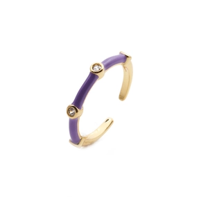Chic gold plated open ring with purple enamel and white zircon stones on white background