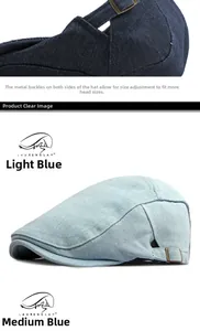 Nahaufnahme der Metallschnalle und Seitenansicht der gewaschenen Denim-Schirmmütze