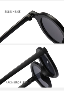 Detail of solid metal hinge and ergonomic arc mirror legs on matte black sunglasses