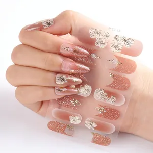Adesivi per unghie sfumati rosa marrone con fiori dorati e glitter dettaglio JX22-13