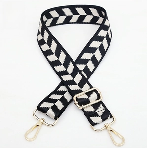 Detail of No. 158 black and white jacquard bag strap with gold metal rotating clasps