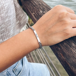 Customized David engraved stainless steel nameplate bracelet with silver cuban chain