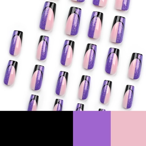 French style black and purple glitter medium square press-on nails with shiny finish