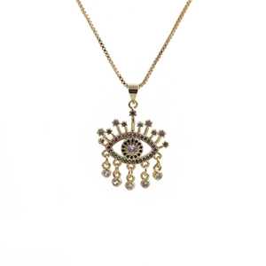 Golden Evil Eye necklace with colorful CZ stones and teardrop fringe on white background