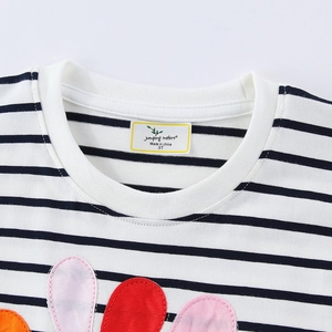 Summer girls' striped cotton dress featuring colorful cartoon petal applique detail