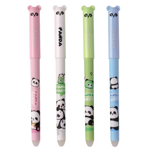 Cute panda cartoon erasable gel pens set with four pastel colors on white background