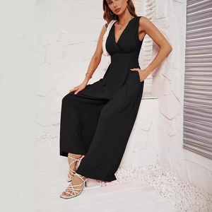 Elegant black sleeveless V-neck wide leg jumpsuit with high waist for women summer style