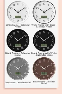 Six minimalist wall clock color options featuring a digital calendar display on dial
