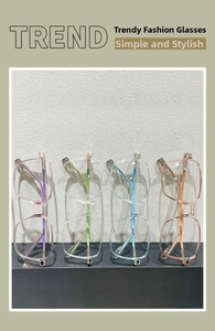 Detail of square oversized anti-blue light glasses frames in four transparent colors
