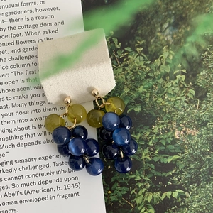 Macro detail of grape-shaped resin earrings with green and purple beads on a paper background