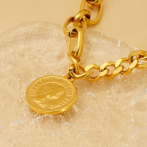 Chunky gold titanium steel chain bracelet with Queen Elizabeth coin pendant and gloss finish