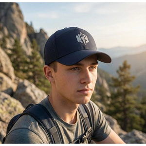 Detailed view of navy blue baseball cap with laser-cut ventilation and side logo