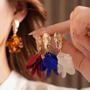 Vintage gold hammer-finish stud earrings with multi-color layered petal tassel drops