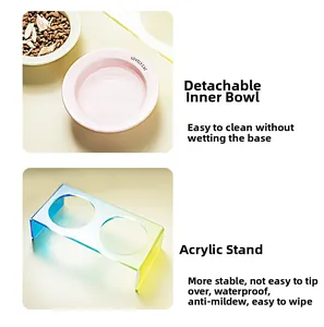 Detail of pink ceramic pet bowl with a clear acrylic stand and waterproof dual-bowl design