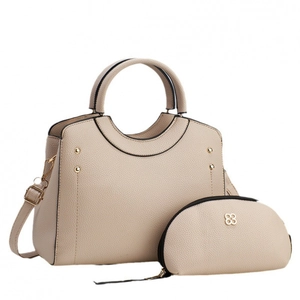 Beige faux leather handbag set with two-piece tote and matching small floral logo pouch