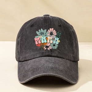Close-up of floral MAMA letter print on vintage washed grey cotton baseball cap