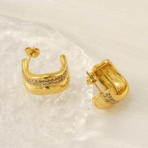 Elegant gold U-shaped hoop earrings featuring double rows of sparkling pavé crystals