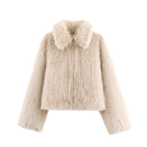 Women Faux Fur Jacket Shaggy Plush Coat Zipper Lapel Solid Color Casual Winter Short Outerwear