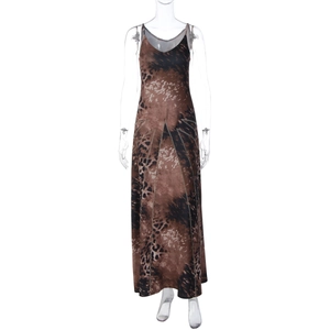 Detailed view of women's leopard print maxi dress with slim straps and panel stitching