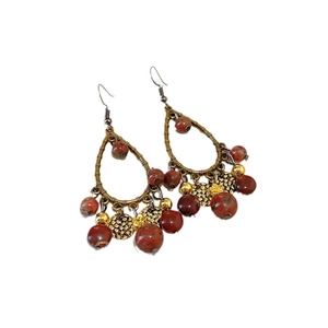 Bohemian vintage tassel earrings with water drop metal frame and reddish-brown beads