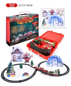 Detailed Christmas train set components with red gift box and 260cm circular track