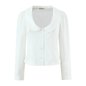 Women White Peter Pan Collar Blouse Long Sleeve Button Up Solid Color Sweet Style Pleated Shirt