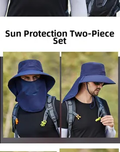 Detail of navy blue sun hat with detachable face cover and neck flap for outdoor protection