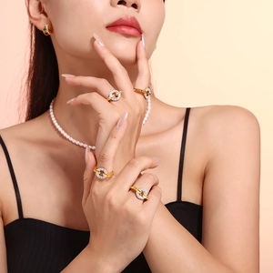 18k gold plated stainless steel jewelry set with sparkling zircon rings and pearl necklace