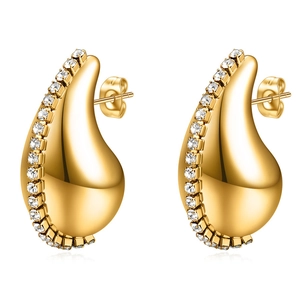 Golden teardrop hollow earrings with a single row of clear cubic zirconia inlay