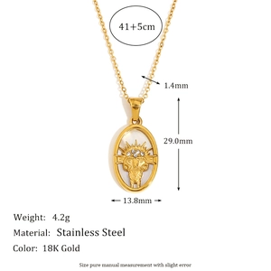 18K gold plated stainless steel Aries zodiac necklace with shell inlay and ram pendant