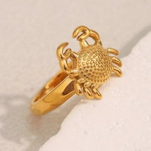 Macro detail of gold plated crab ring showing intricate texture and polished finish