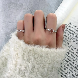 Detailed view of silver rings featuring a pig nose chain and an oval reddish-brown gemstone
